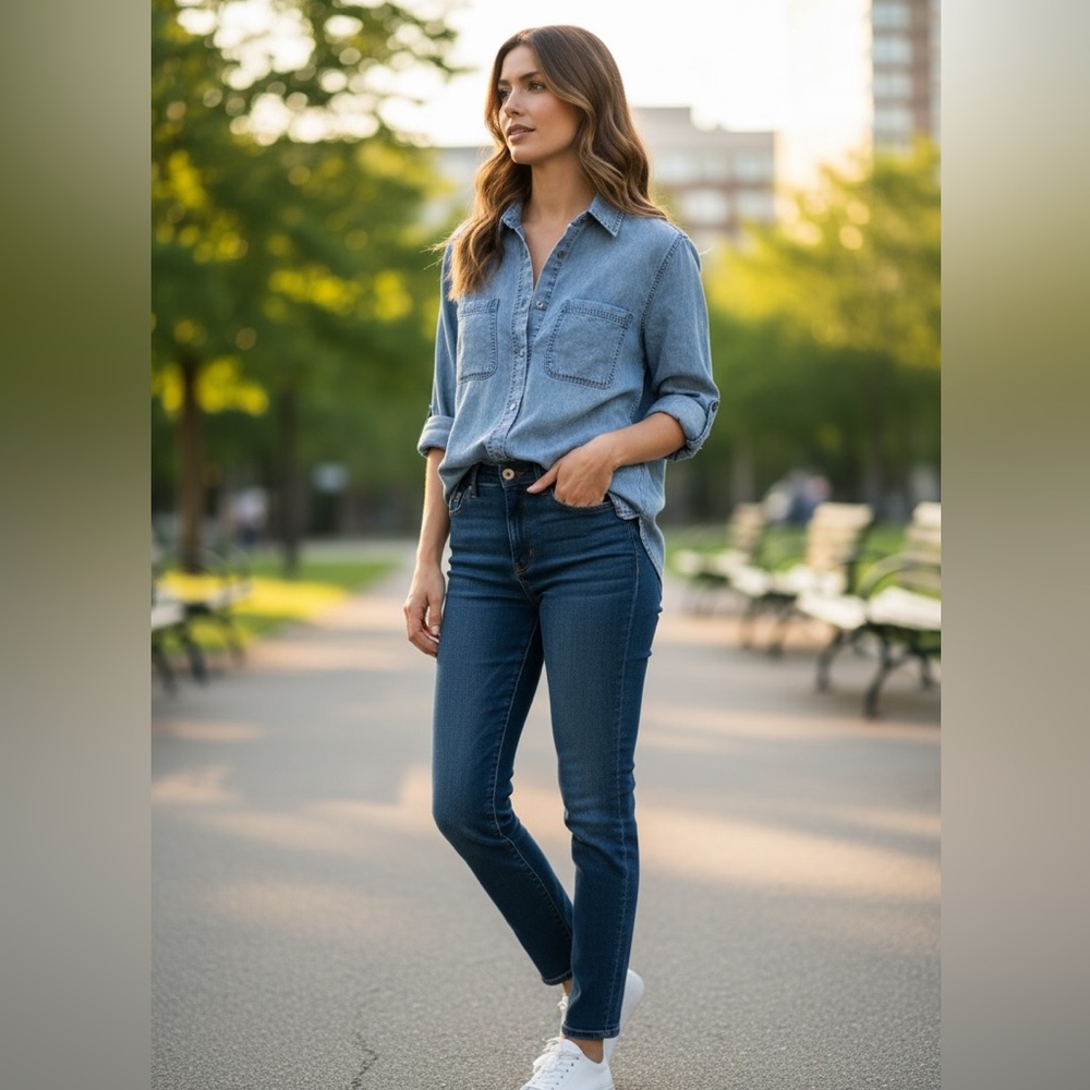Doe & Rae Chambray Shirt Sz L NWOT | 100% Tencel Distressed Denim Top